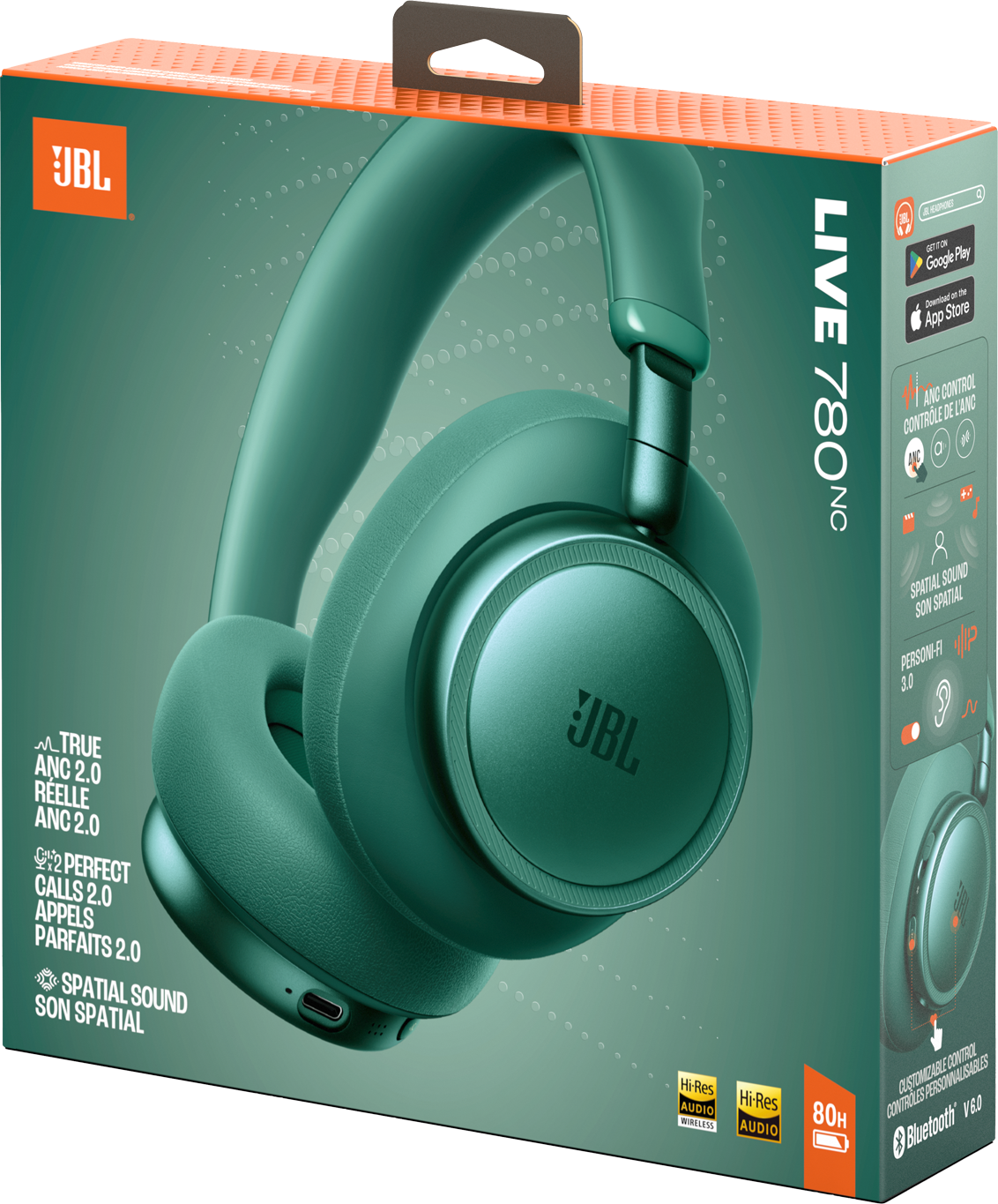 JBL Live 780NC Kopfhörer in Petrolgrün auf einer Box mit Produktdetails.