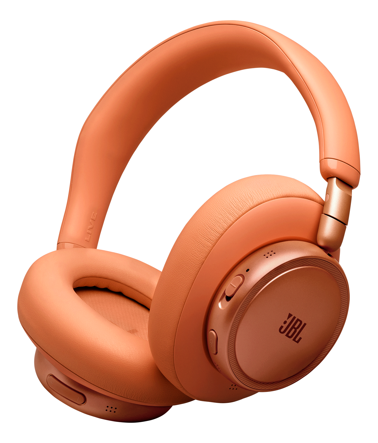 Cuffie JBL arancioni con cuscinetti e archetto regolabile, isolate su nero.