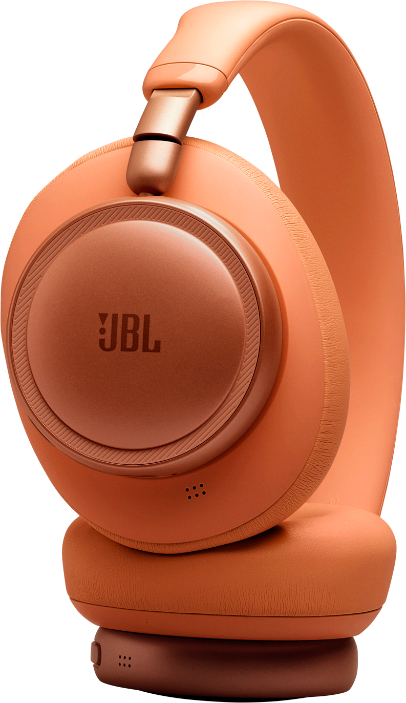 Cuffie JBL arancioni con accenti oro rosa su sfondo nero.