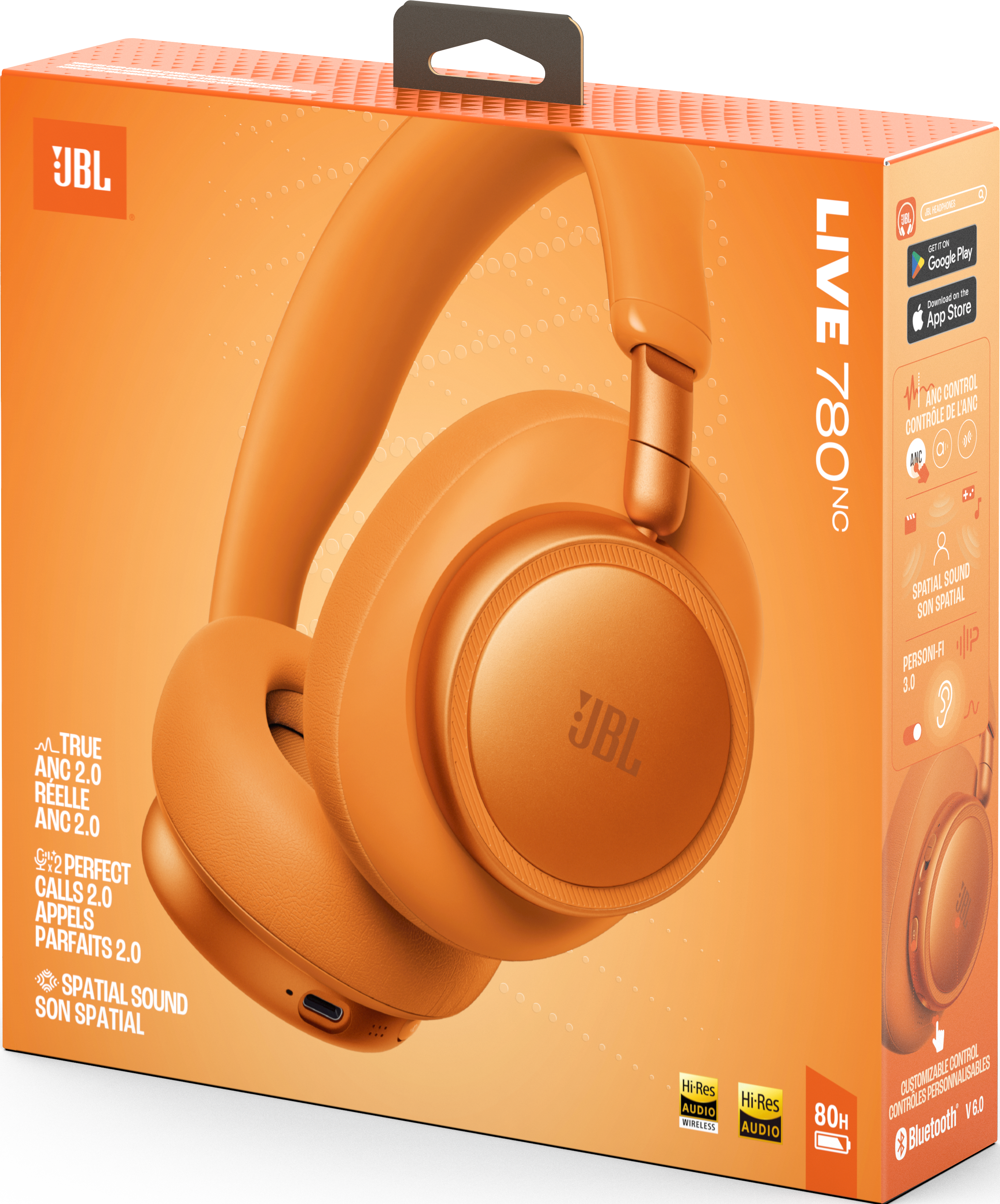 Cuffie JBL Live 780NC arancioni su scatola arancione che mostra le caratteristiche.