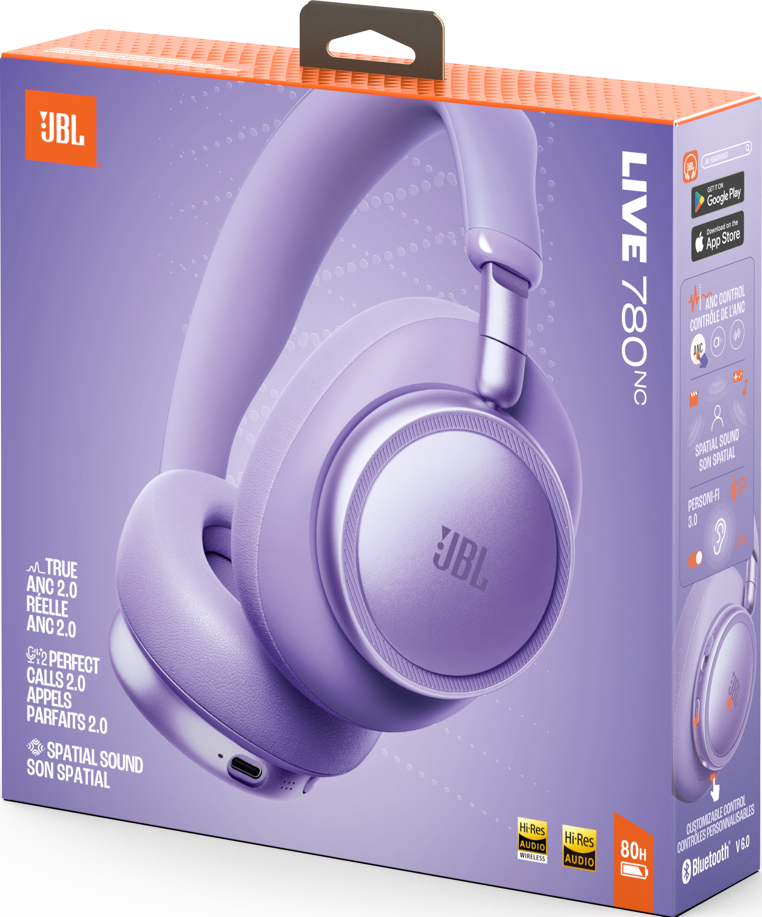 Scatola viola per cuffie JBL con immagine del prodotto e testo.