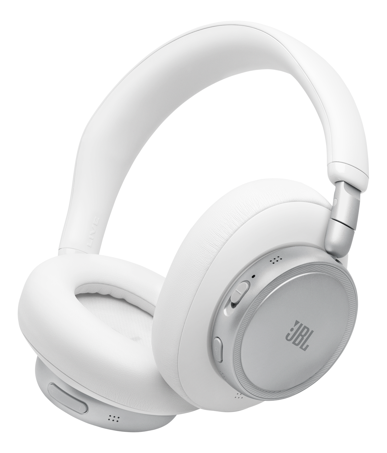 Cuffie JBL bianche con accenti argentati su sfondo nero.