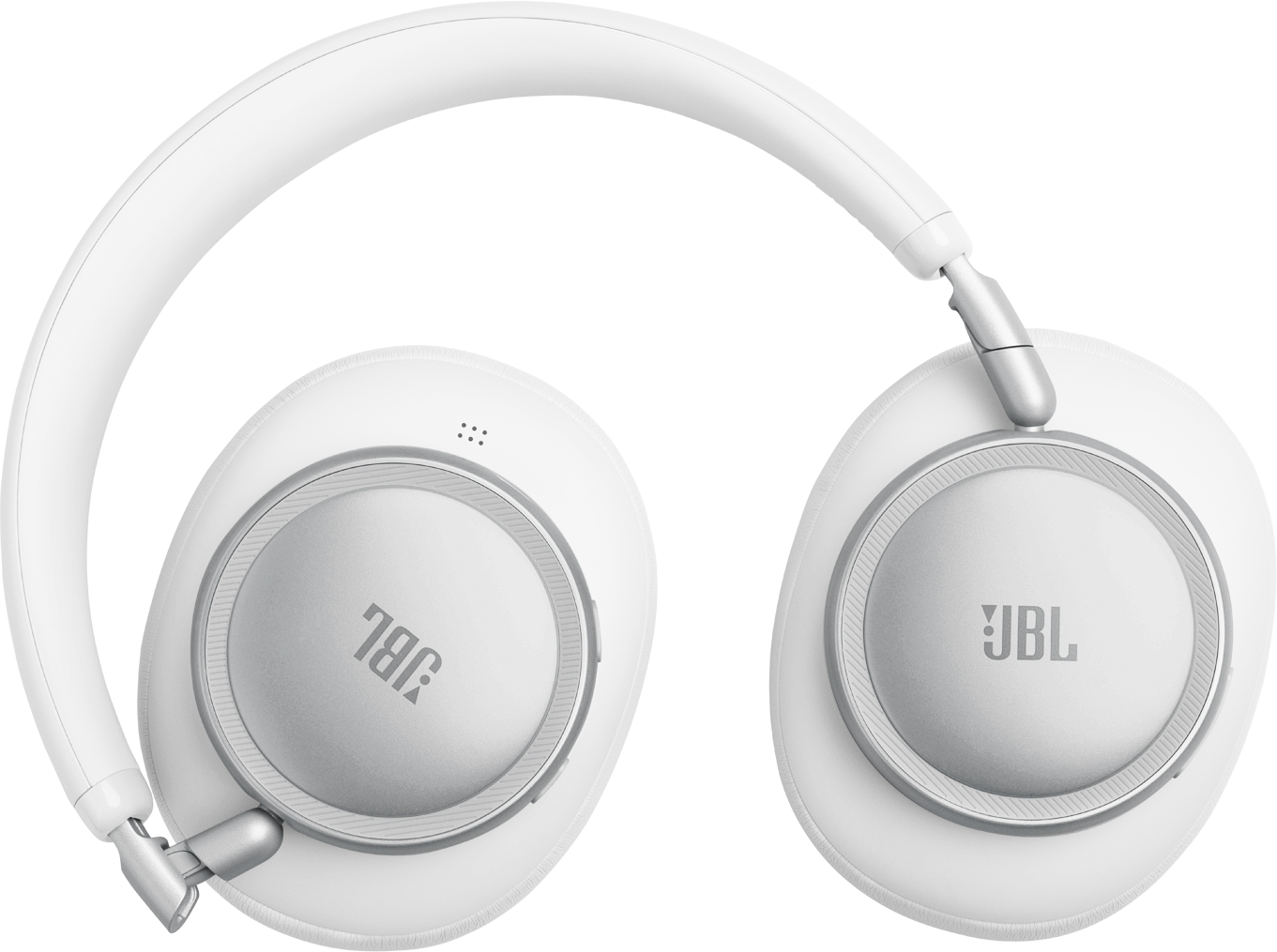 Cuffie bianche con accenti argentati e logo JBL sui padiglioni.