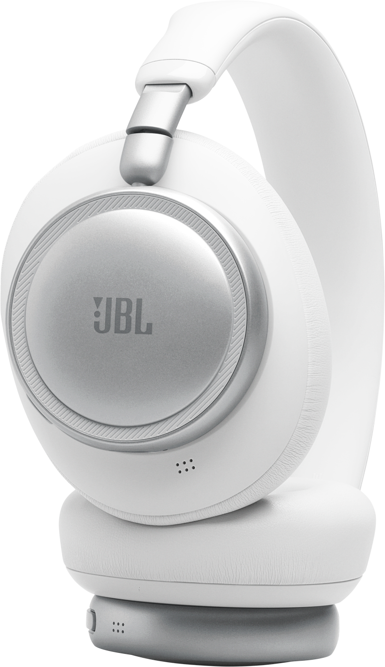 Cuffie bianche sovraurali con accenti argentati e logo JBL.