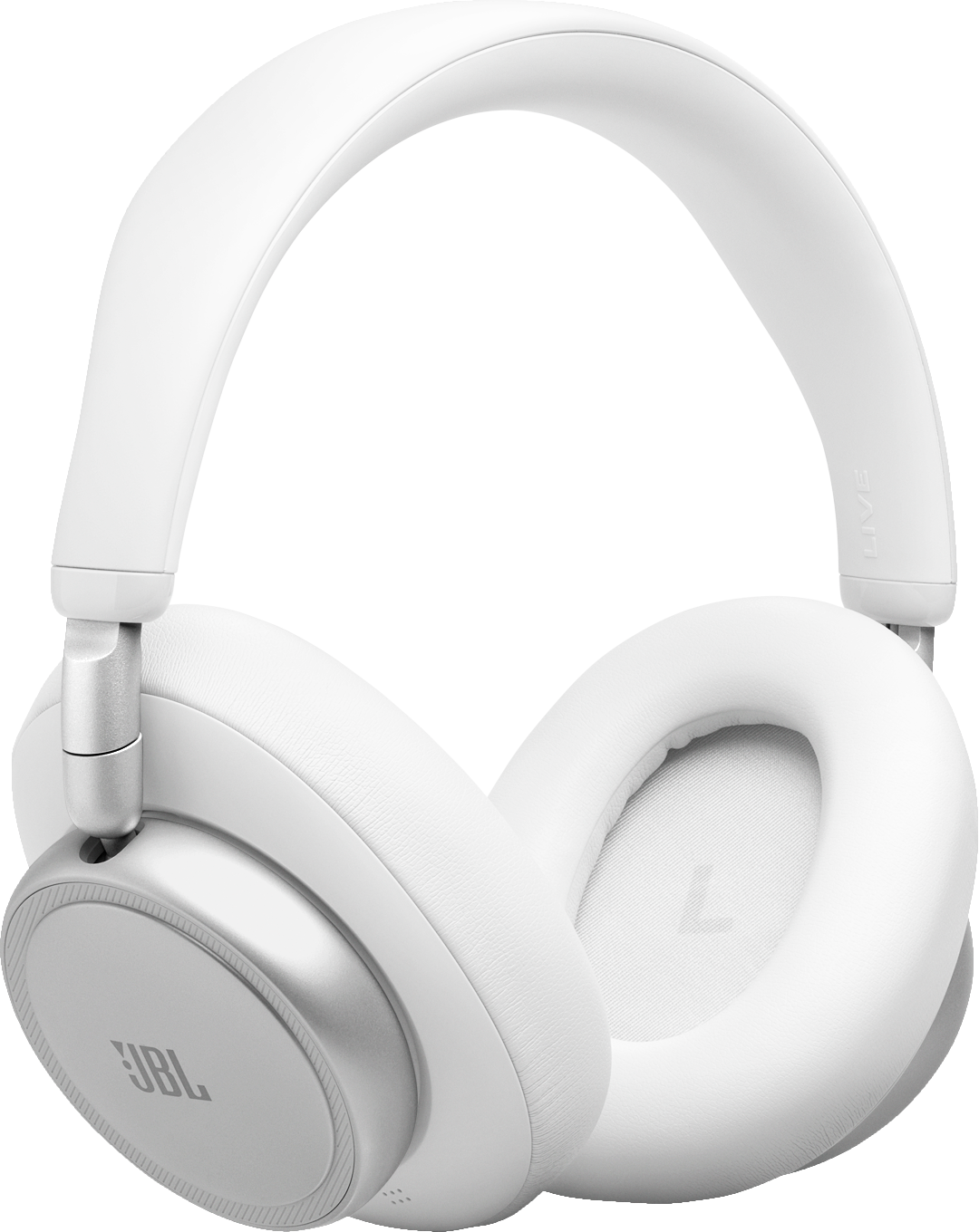 Cuffie JBL bianche con accenti argentati. I padiglioni e l'archetto sono bianchi.