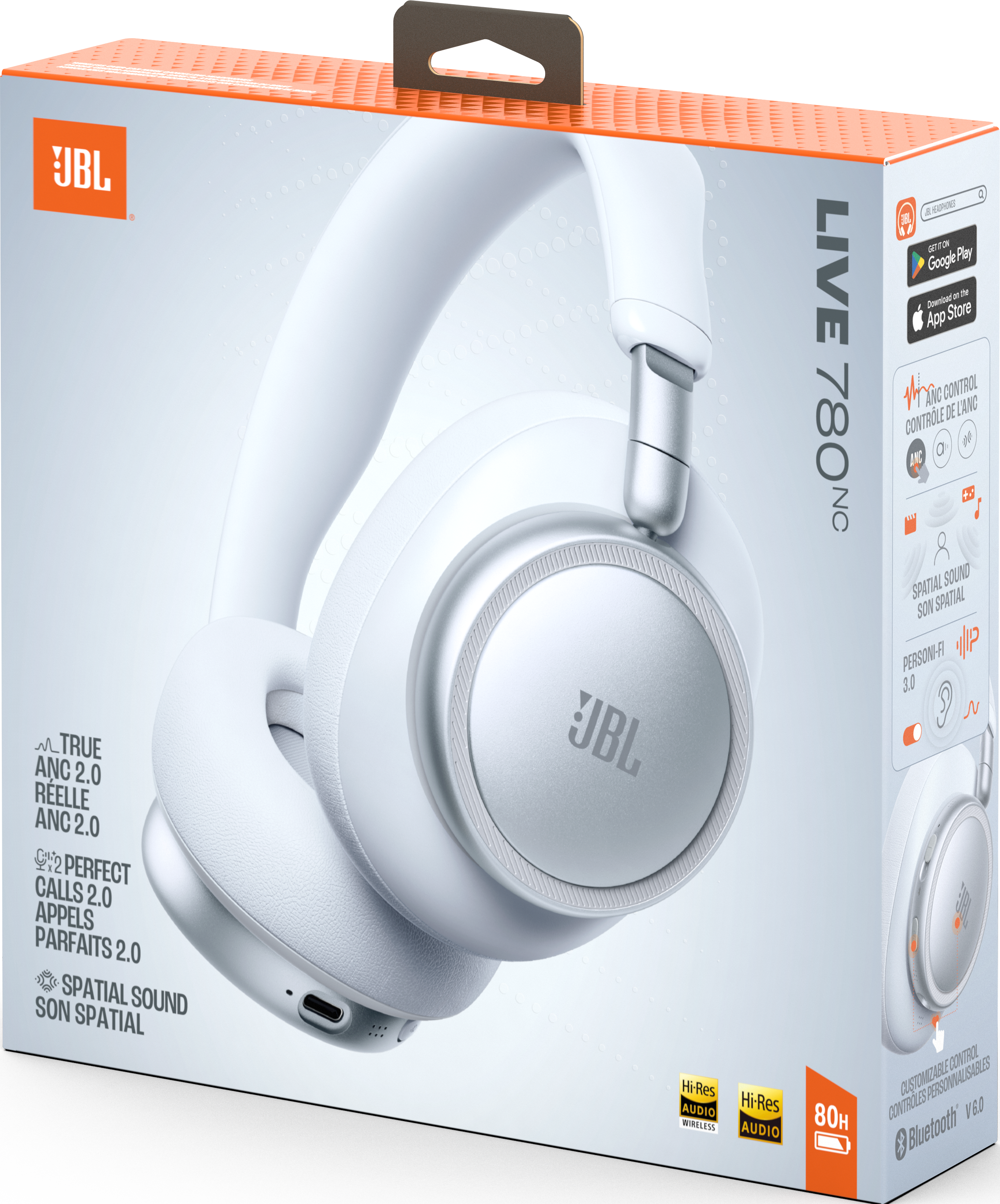 Cuffie bianche JBL Live 780NC su una scatola che descrive le caratteristiche.