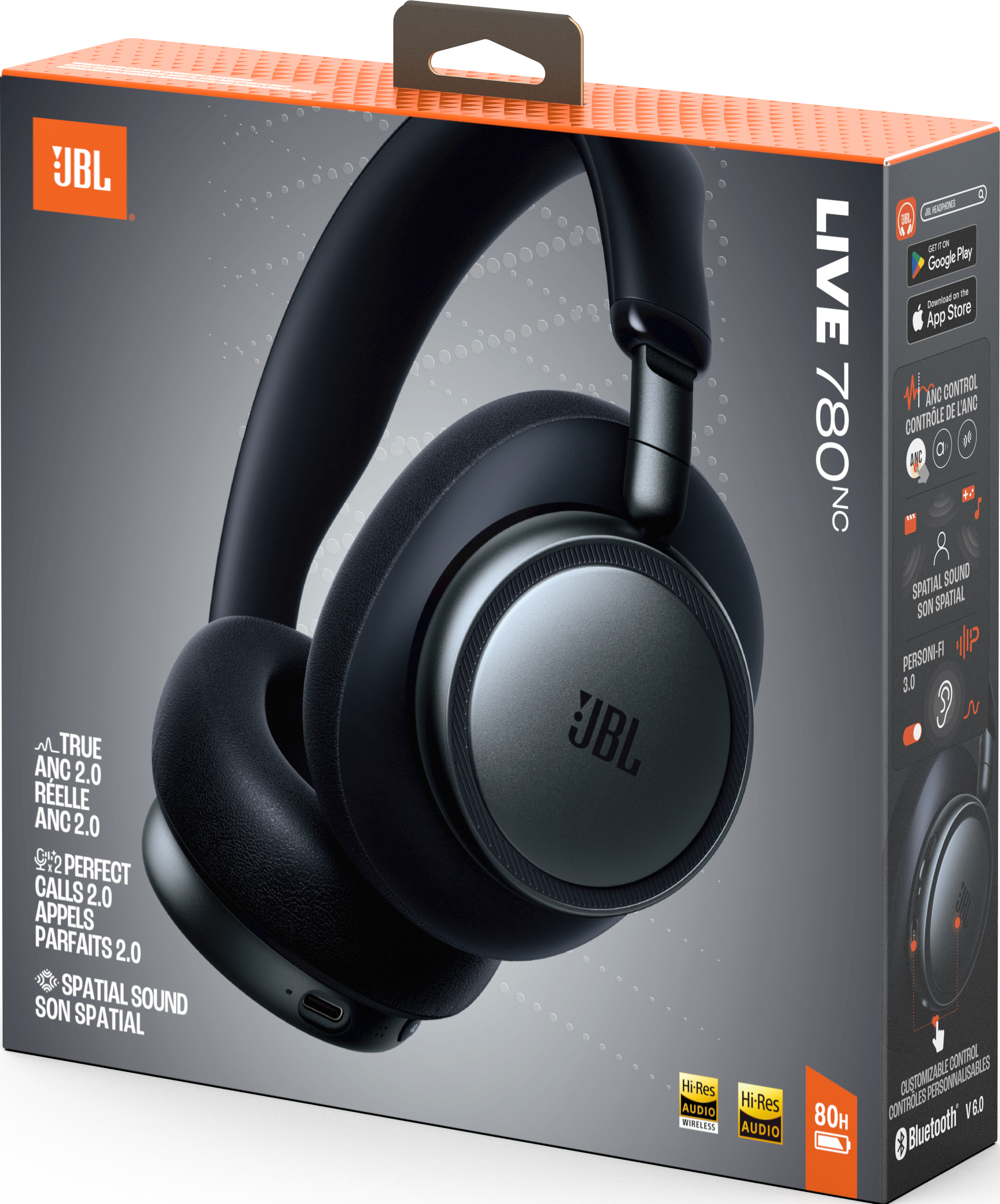 Scatola cuffie JBL Live 780NC con ANC, Hi-Res Audio e 80 ore di batteria.