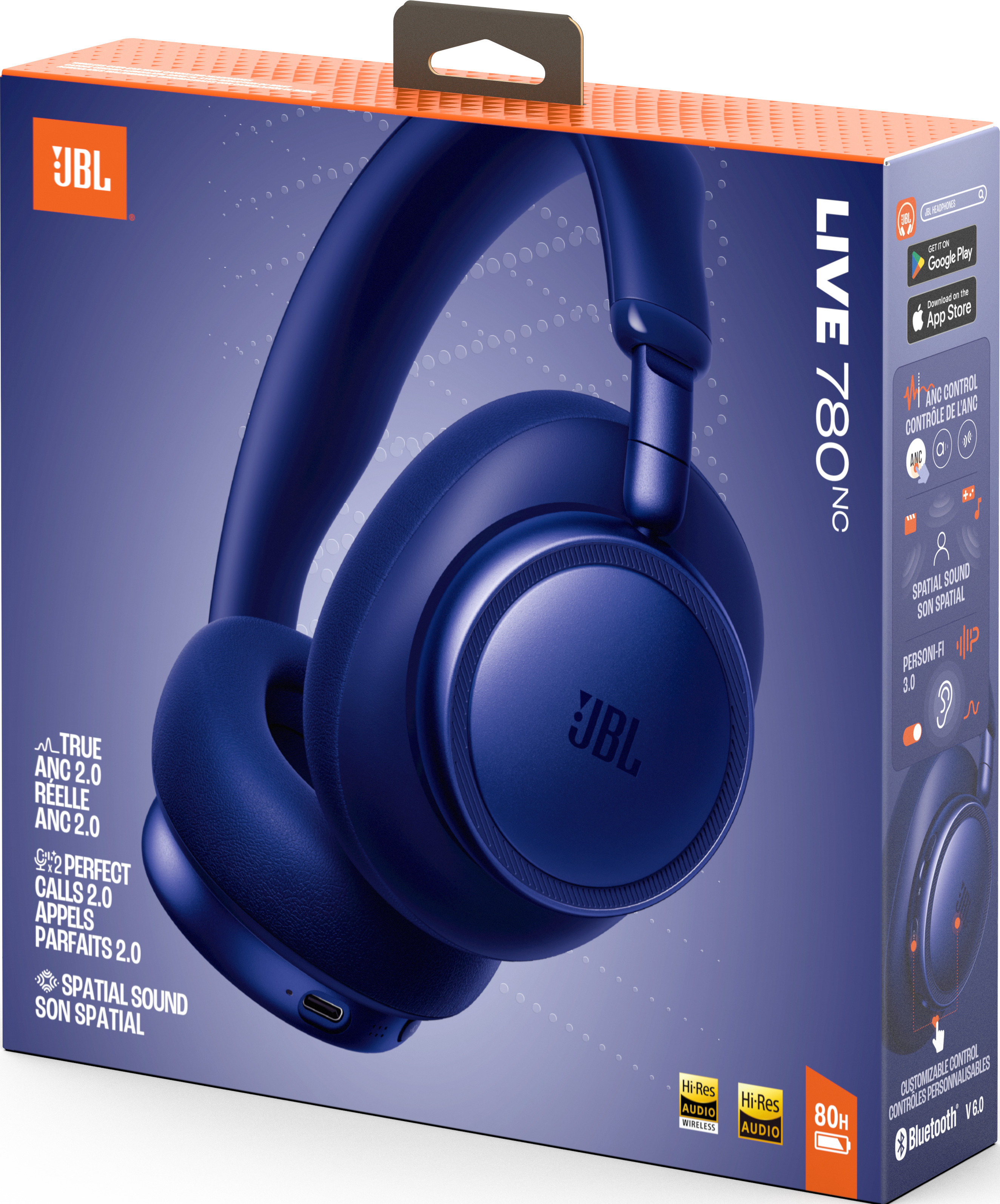 Scatola cuffie JBL Live 780NC blu scuro, con ANC, audio spaziale e 80h di batteria.