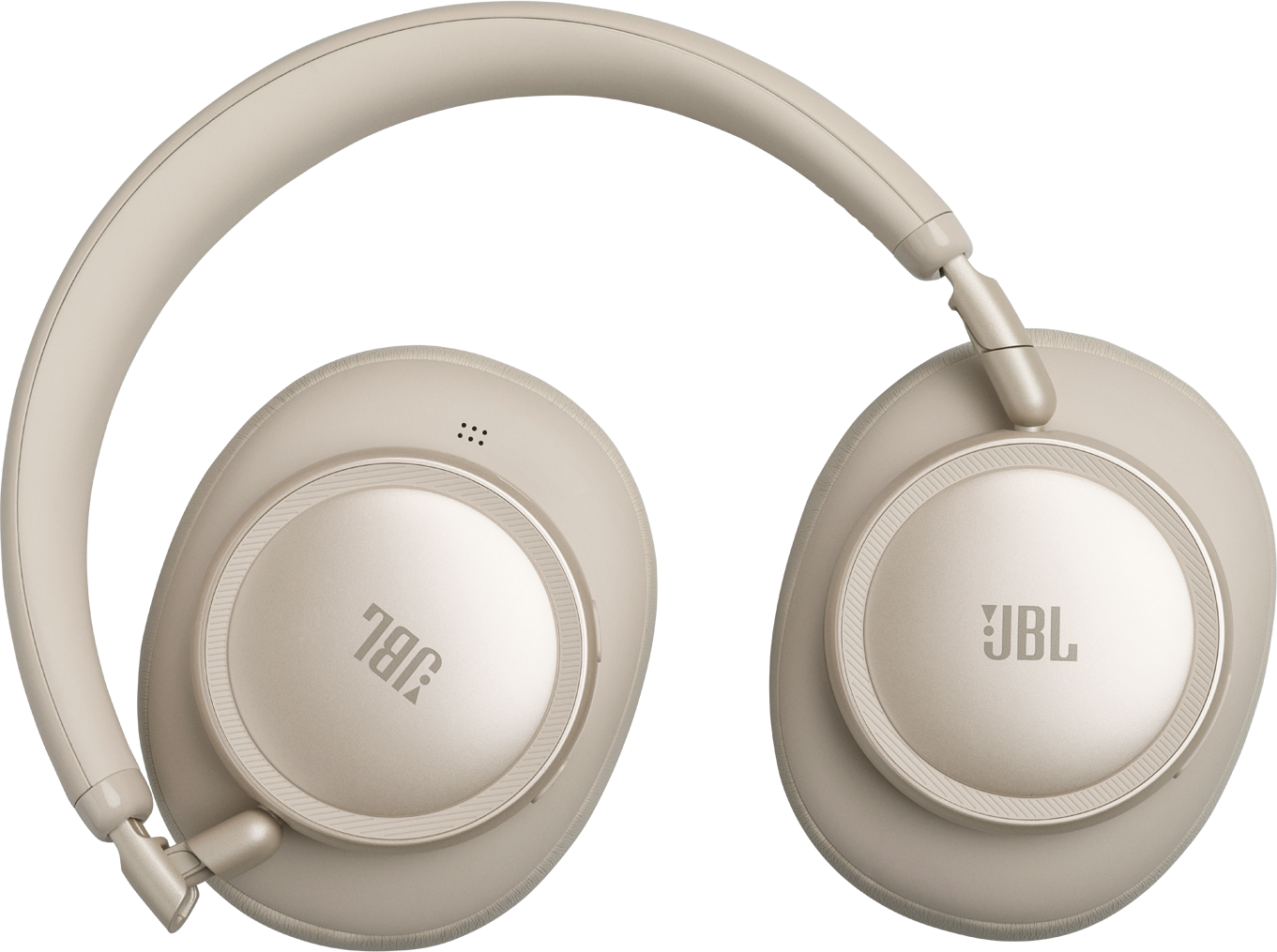 Cuffie JBL beige con padiglioni imbottiti e archetto argentato.