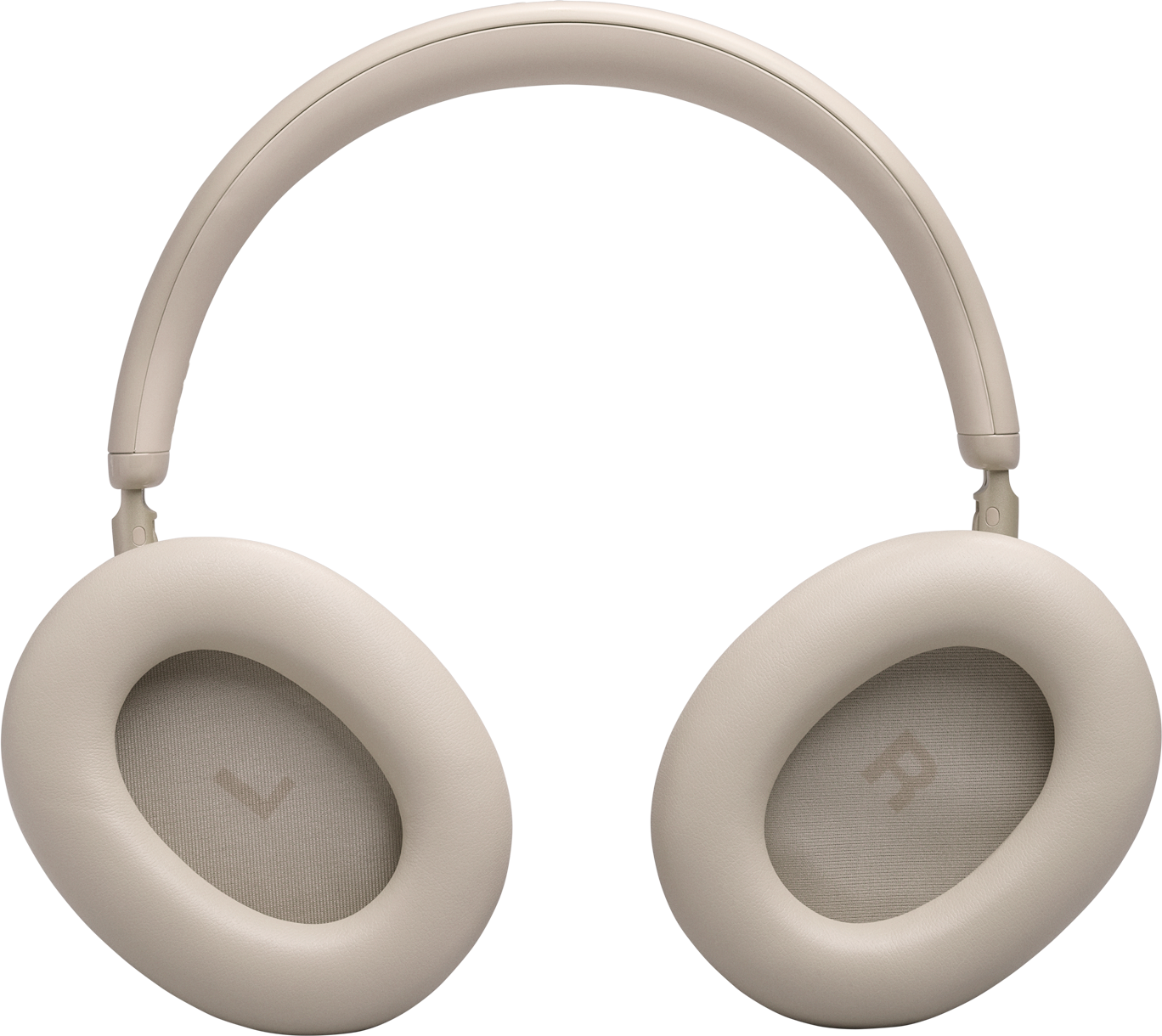 Cuffie beige chiaro, con auricolari morbidi e archetto. Segni L e R.