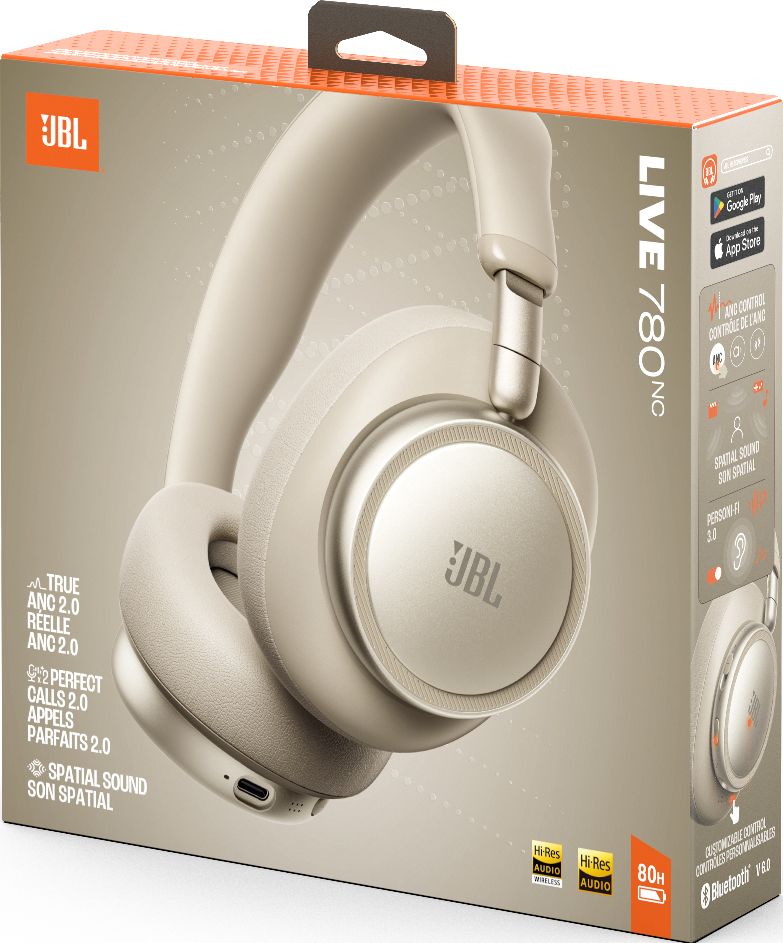 Scatola beige per cuffie JBL con immagine prodotto e dettagli.