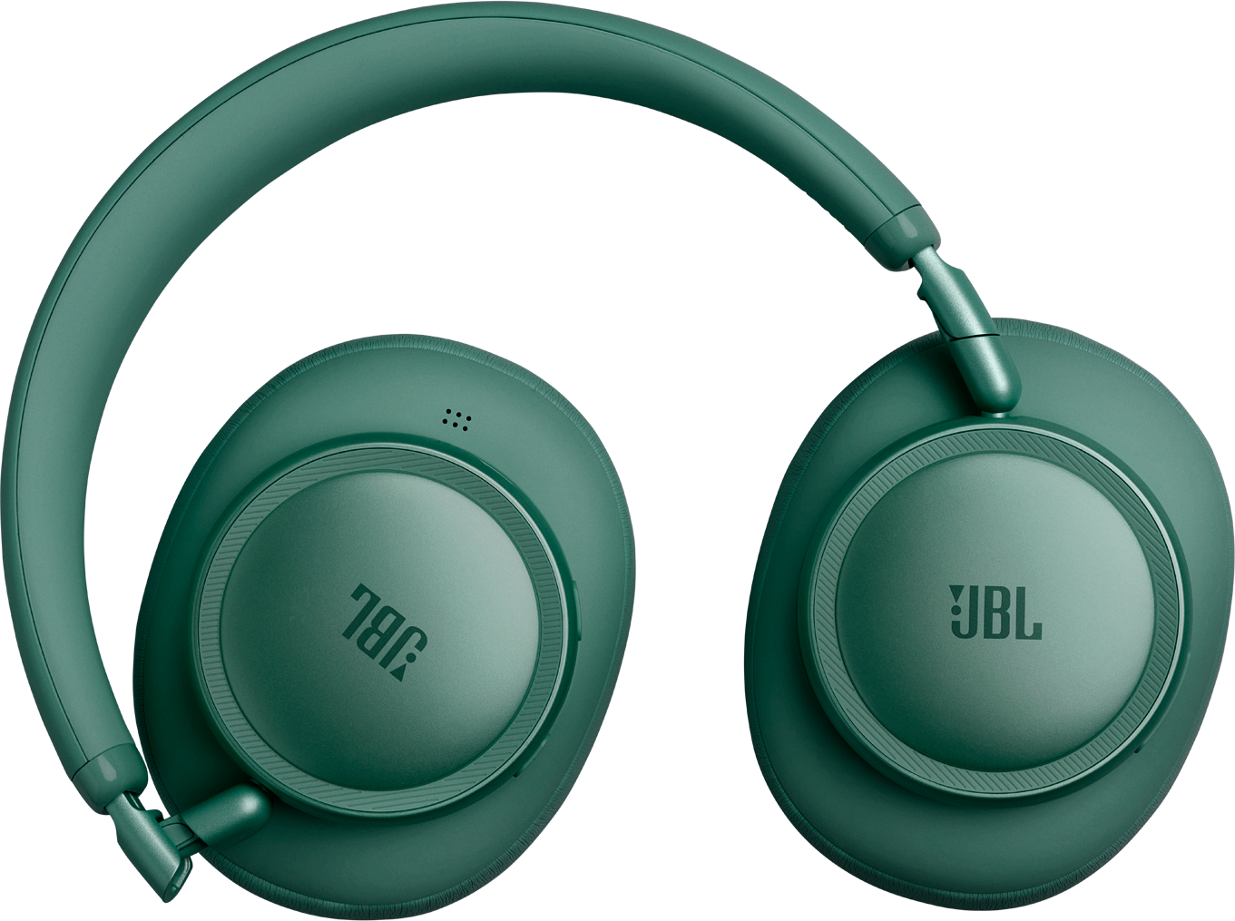 Grüne JBL Kopfhörer mit schwarzem Hintergrund. Nahaufnahme der Ohrmuscheln und des Kopfbügels.