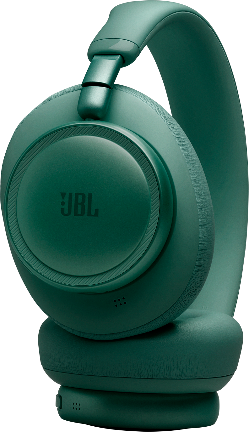 Dunkelgrüne JBL-Kopfhörer mit schwarzem Hintergrund. Nahaufnahme des Designs.