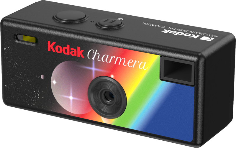 Kompaktowy czarny aparat cyfrowy Kodak Charmara z motywem tęczy i kosmosu.