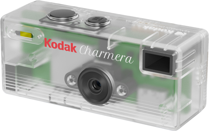 Przezroczysty aparat cyfrowy Kodak Charmamera z widoczną płytką drukowaną i obiektywem.