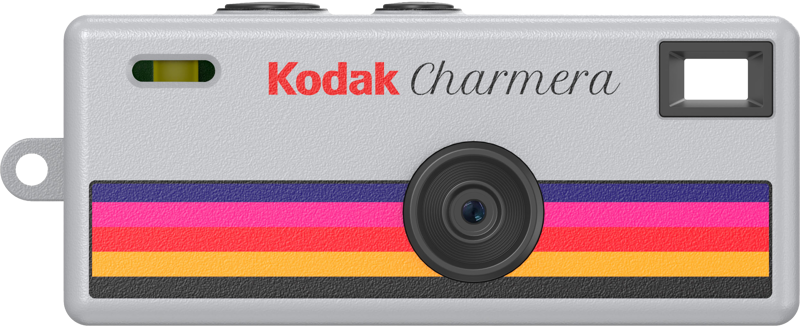 Biały aparat Kodak Charmamera z kolorowymi paskami pod obiektywem.