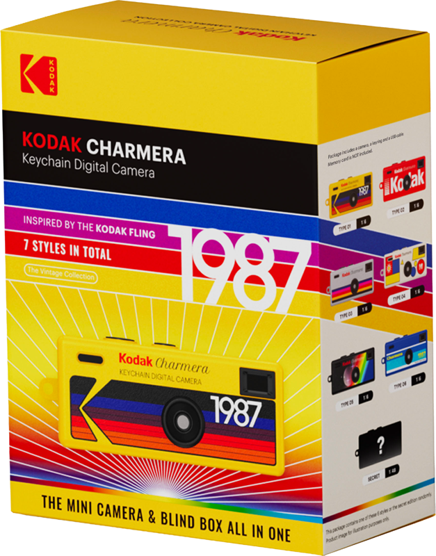 Żółte pudełko aparatu cyfrowego Kodak Charmera na breloczek, inspirowane 1987.