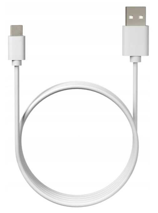 Biały kabel USB-C do USB-A, na białym tle.