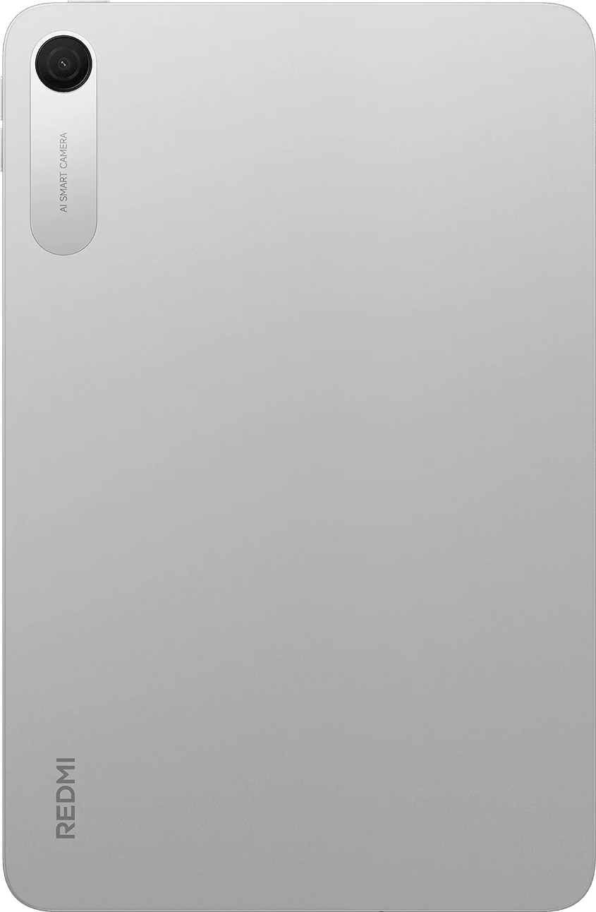 Ezüst táblagép hátlapja, kamerával és Redmi logóval.