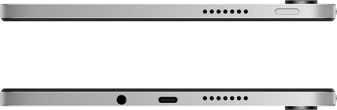 Ezüst táblagép hangszórólyukakkal, USB-C-vel és jack csatlakozóval.