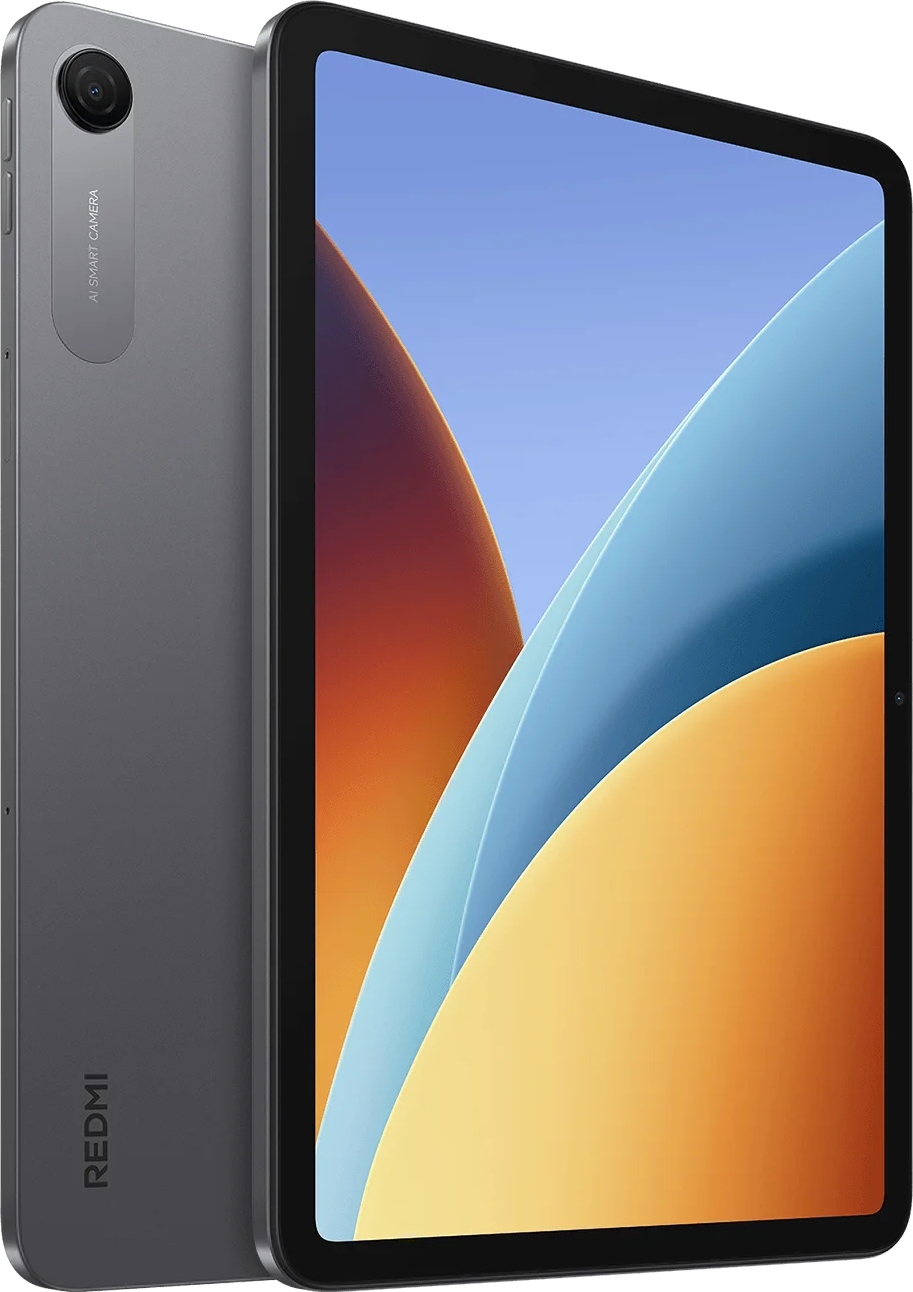 Szürke tablet kamerával és színes képernyővel, Redmi logó látható.