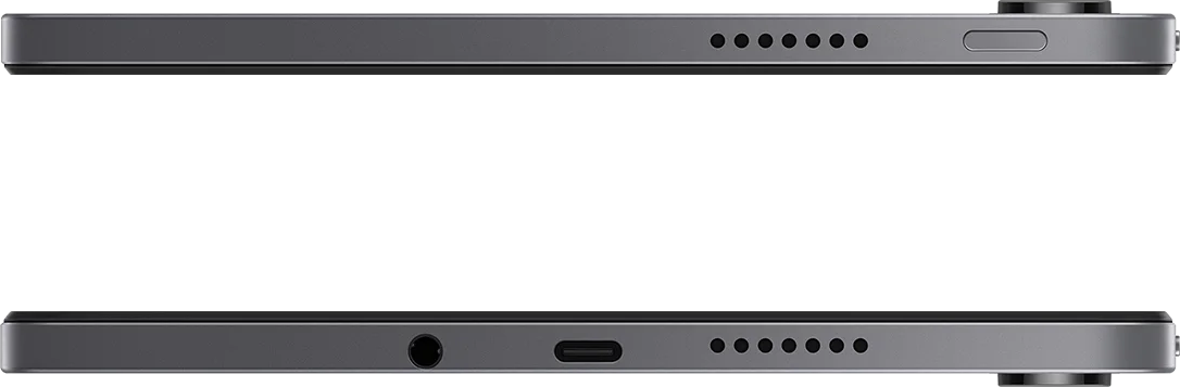 Szürke táblagép hangszórólyukakkal, USB-C-vel és jack csatlakozóval.