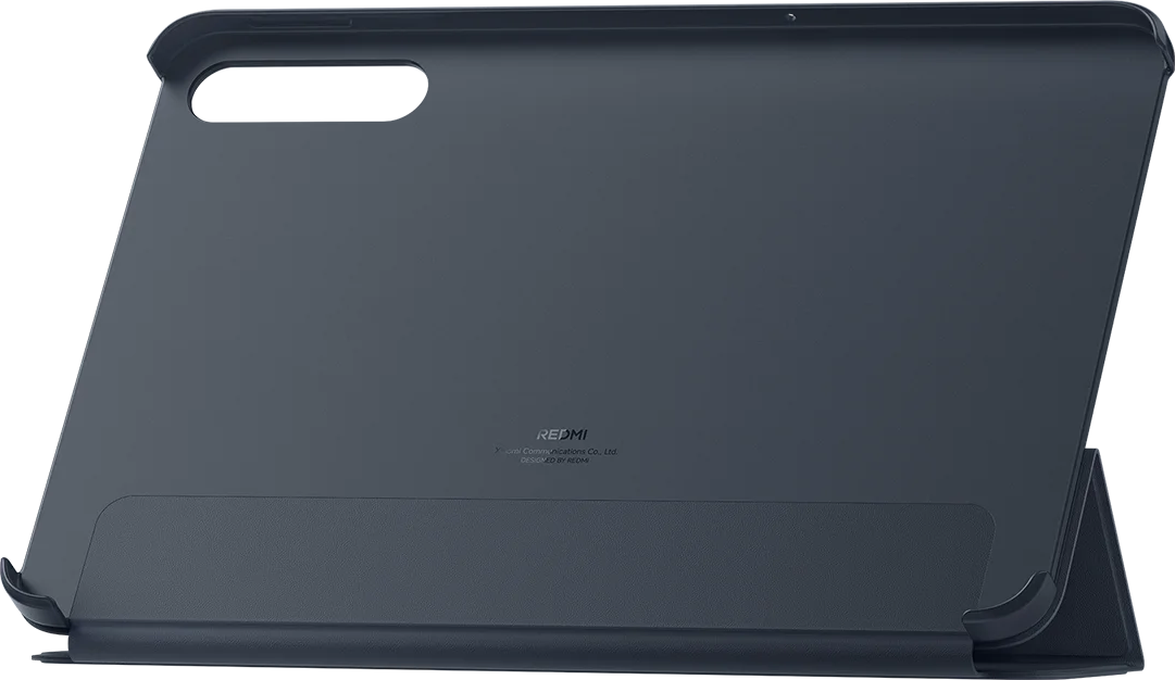Sötétszürke tablettok állványfunkcióval, hátulnézet.