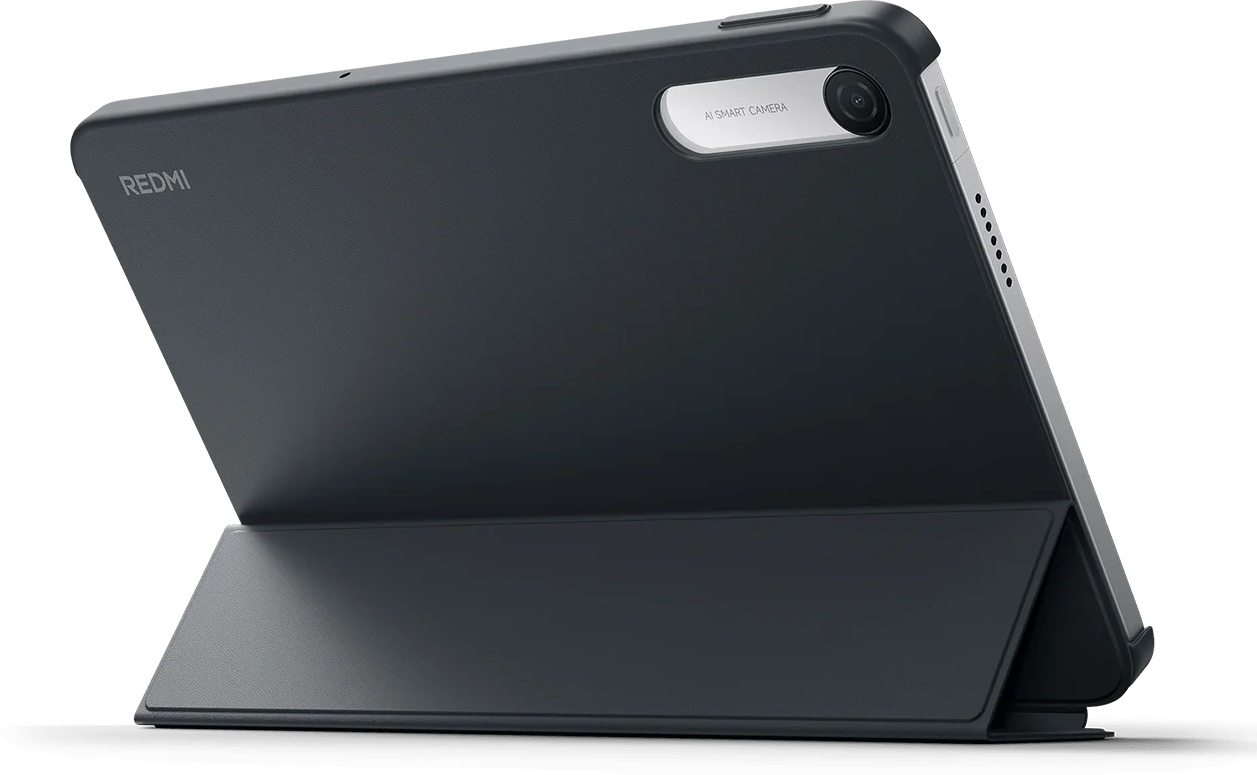 Sötétszürke Redmi tablet AI Smart kamerával, álló helyzetben lévő tokkal.