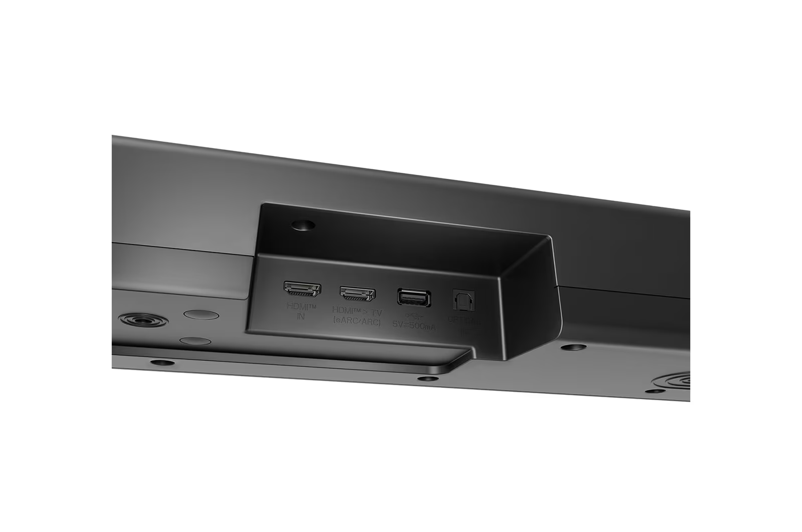Fekete eszköz hátulja csatlakozókkal: HDMI IN, HDMI TV (eARC/ARC), USB és OPTICAL IN.