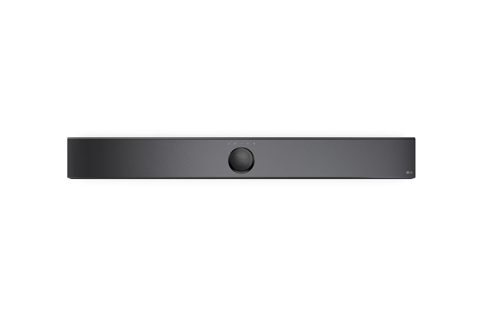 Elegáns, sötétszürke soundbar, középső kör alakú hangszóróráccsal és érintőgombokkal.