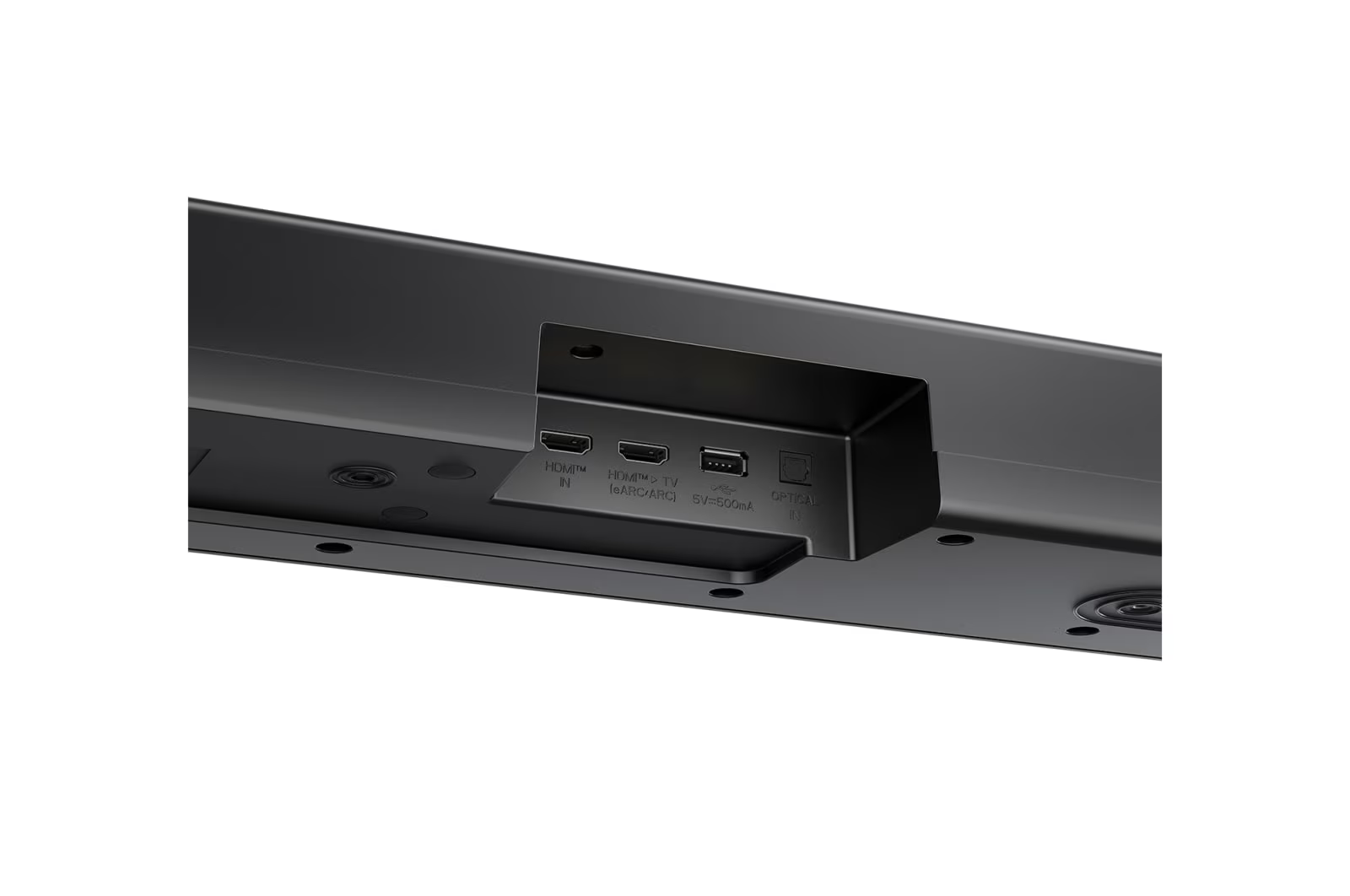 Egy fekete hangprojektor hátulnézete, HDMI IN, HDMI TV (eARC/ARC), USB és Optical In csatlakozókkal.