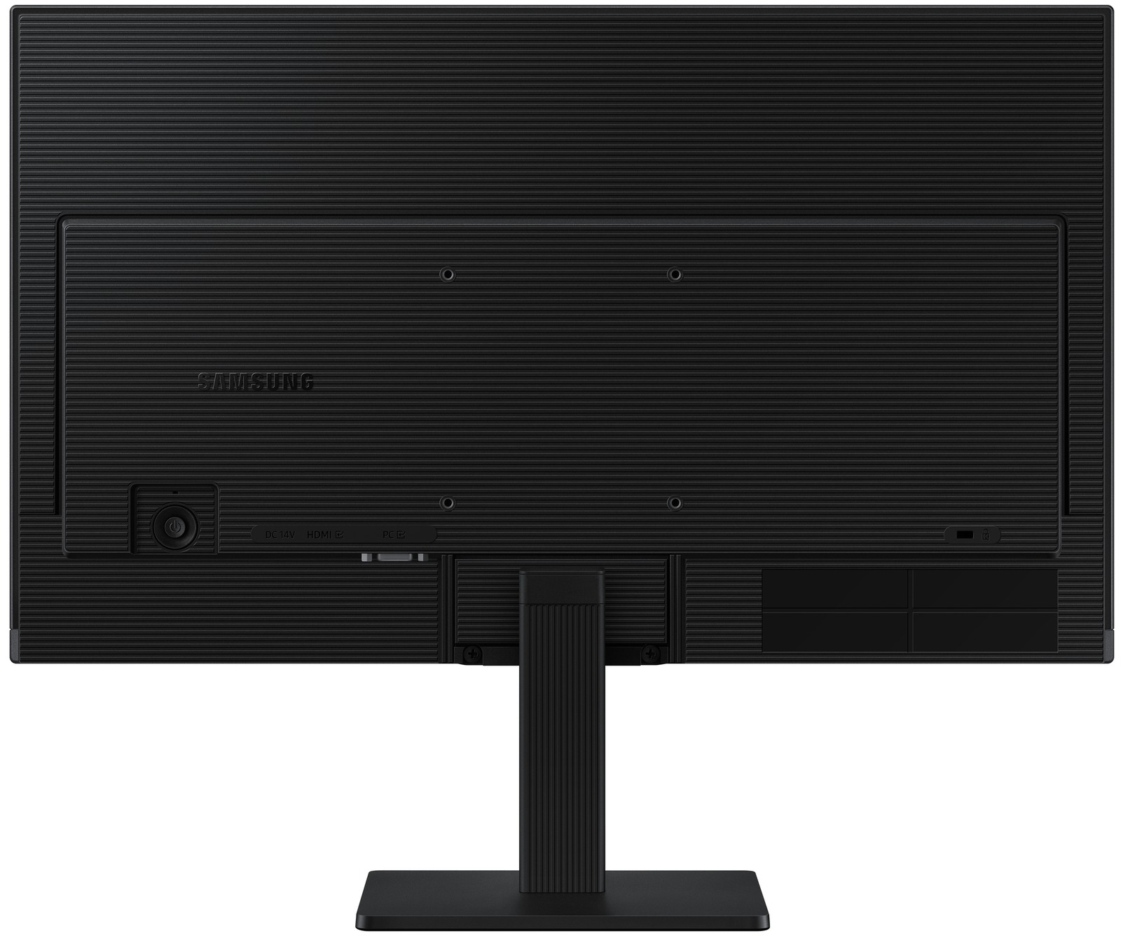 Fekete Samsung monitor hátulnézete, DC 14V, HDMI és PC csatlakozókkal.
