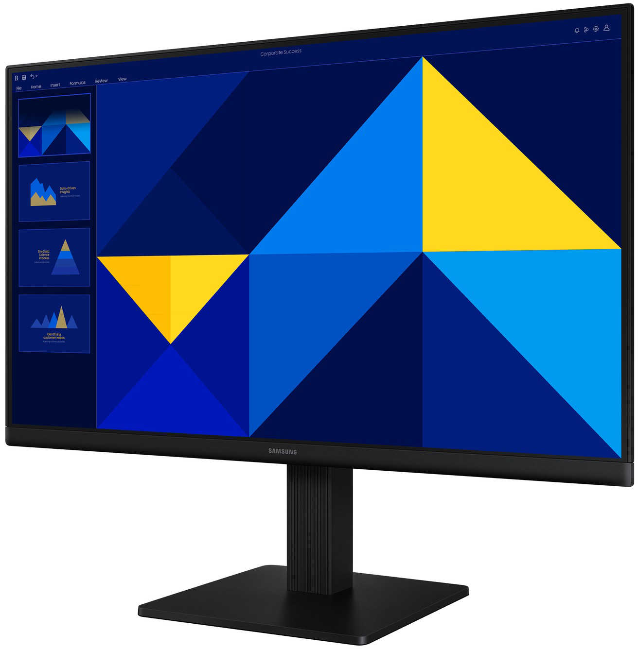 Monitor kék és sárga geometrikus háttérképpel.