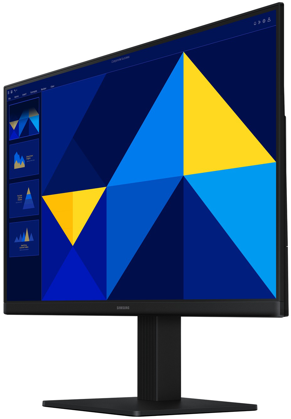 Fekete monitor, képernyőjén kék és sárga absztrakt geometrikus mintával.