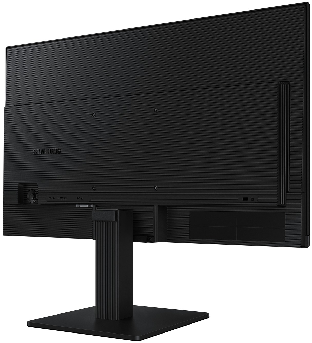 Fekete Samsung monitor hátulnézete portokkal és állvánnyal.