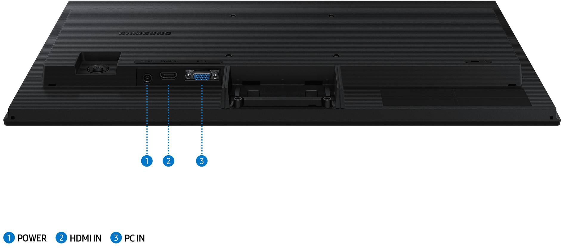 Egy fekete Samsung monitor hátulja tápellátási, HDMI és PC bemeneti portokkal.