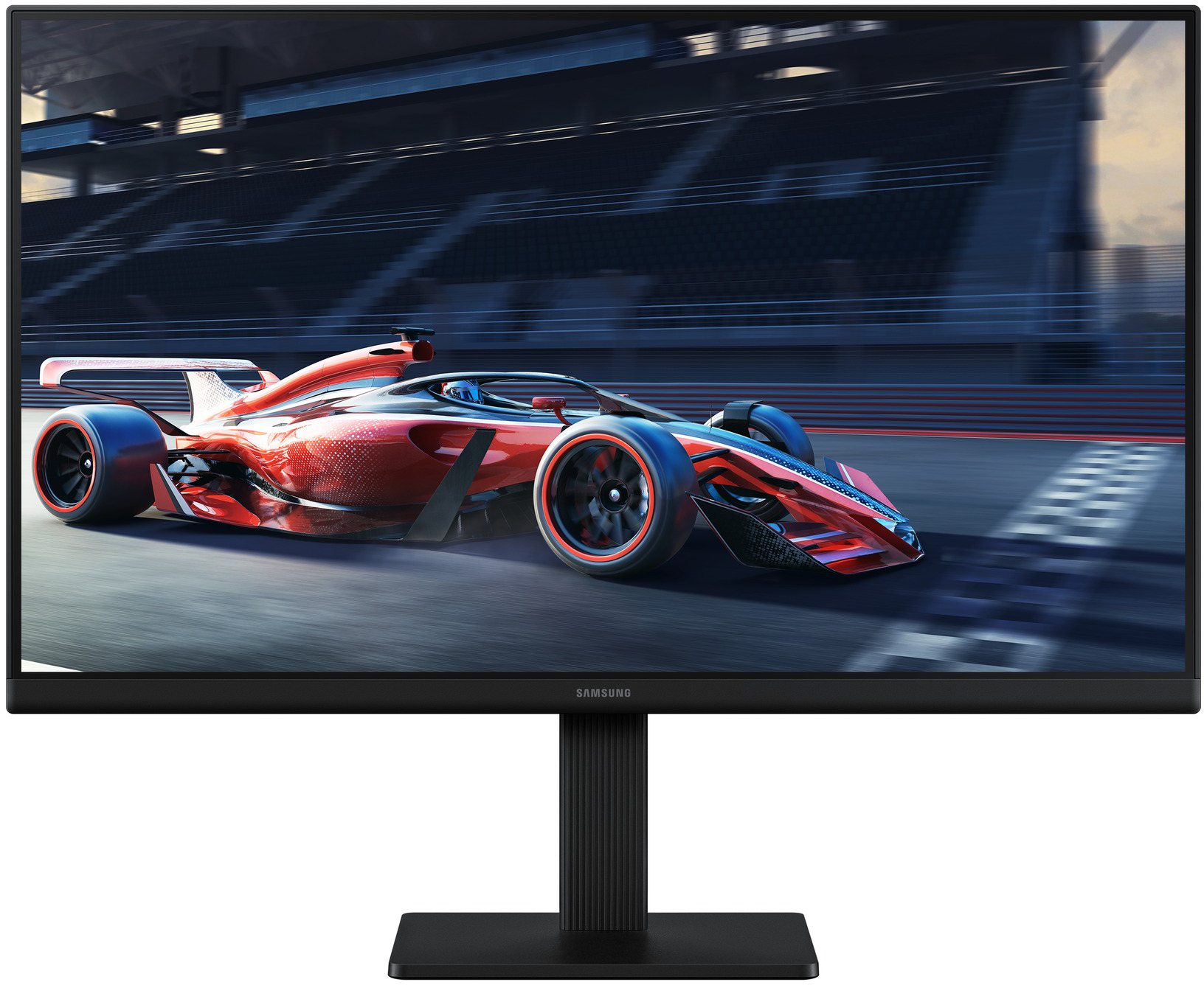Egy piros F1-es autó száguld a pályán, lelátókkal a háttérben.