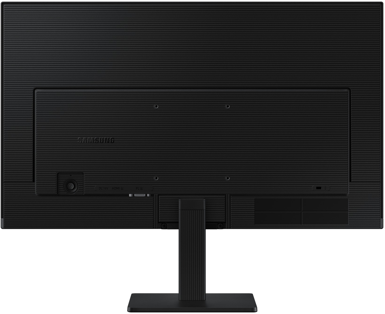 Fekete Samsung monitor hátulja portokkal és állvánnyal.