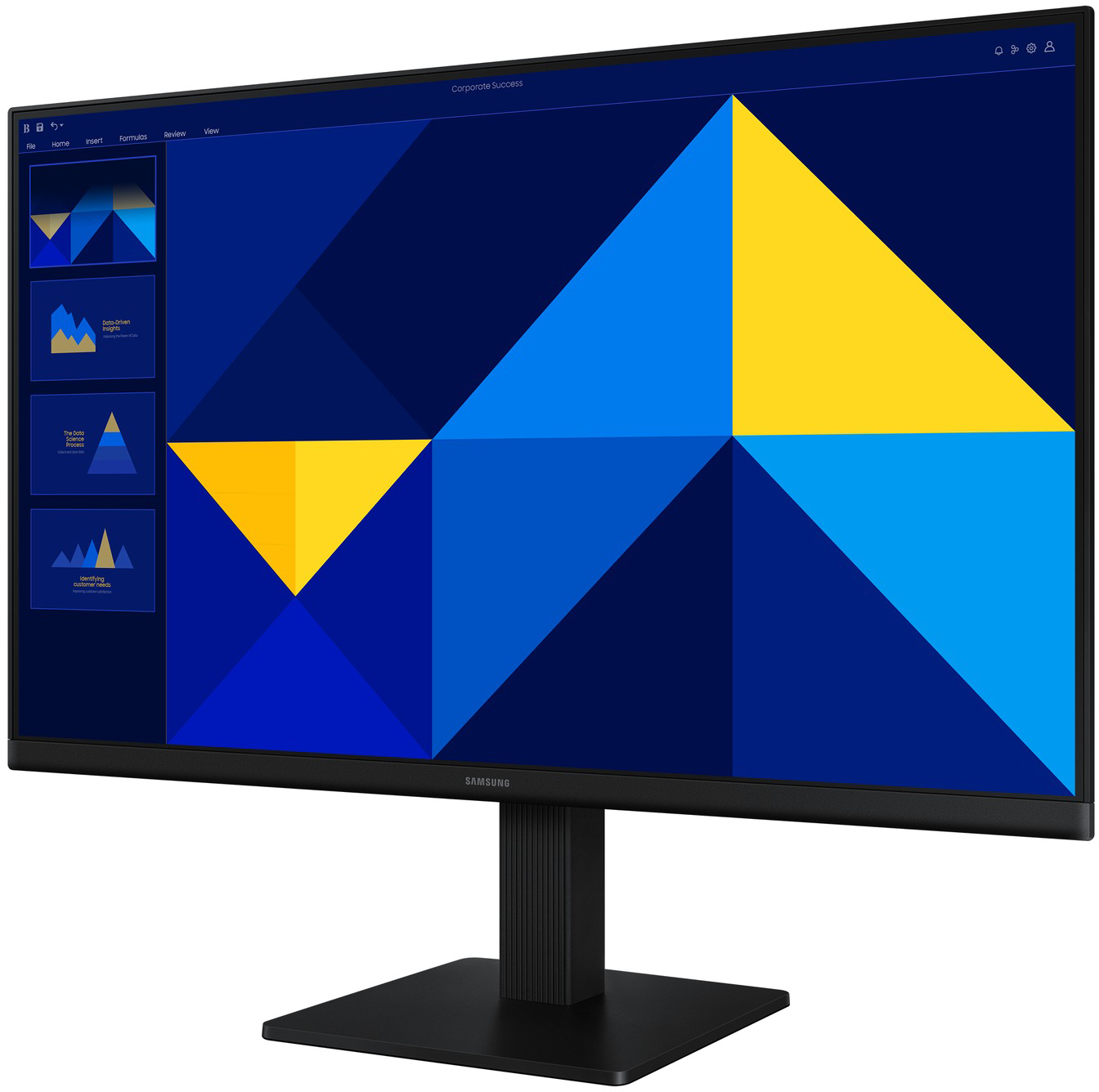 Samsung monitor mutat be kék és sárga geometriai alakzatokat.