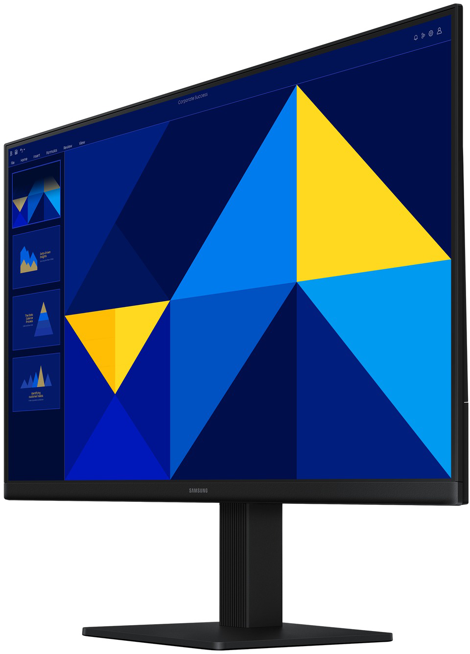 Samsung monitor kék és sárga geometriai formákat és diagramokat tartalmazó prezentációt jelenít meg.