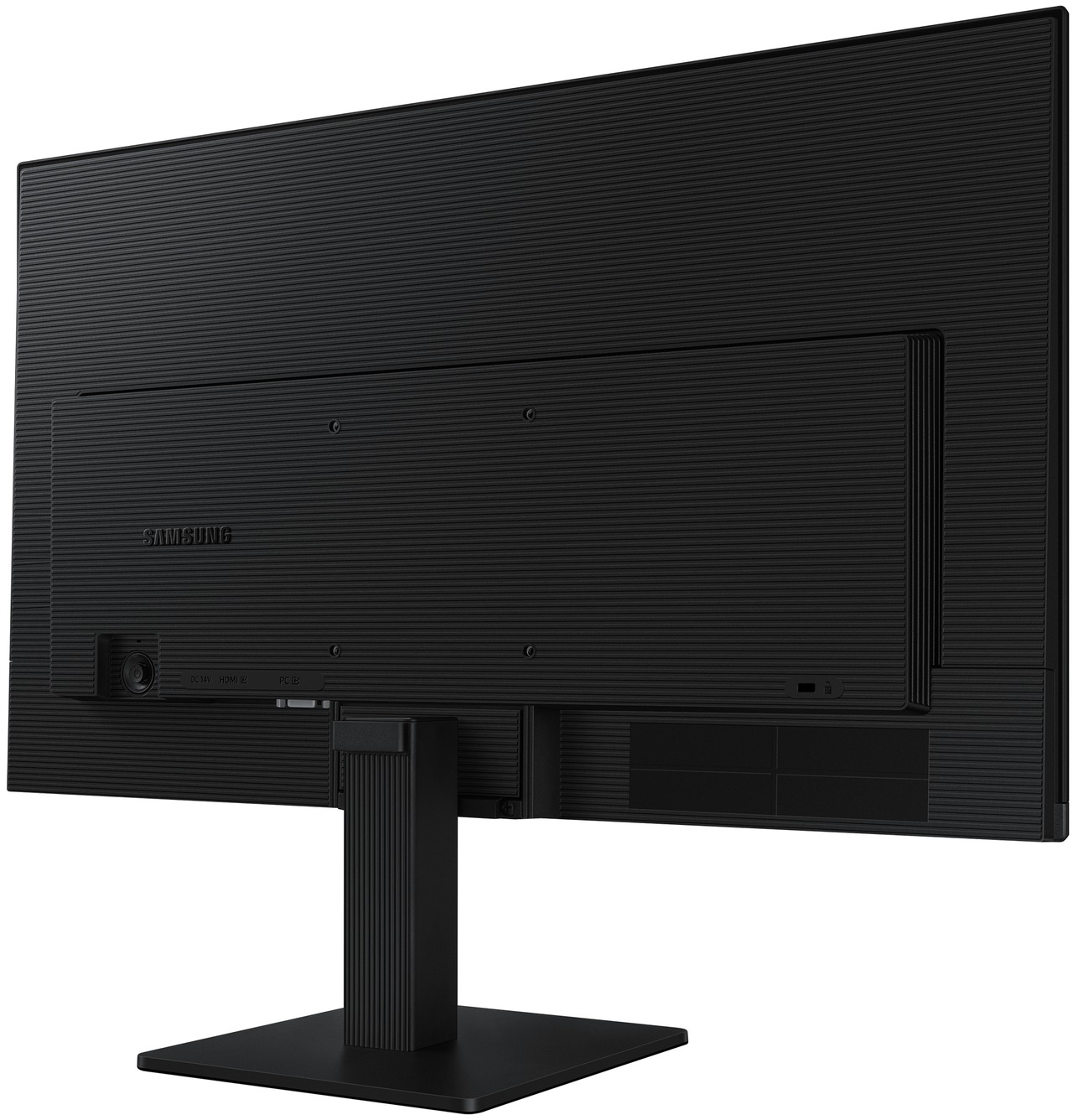 Fekete Samsung monitor hátulja csatlakozókkal és állvánnyal. Texturált felület.