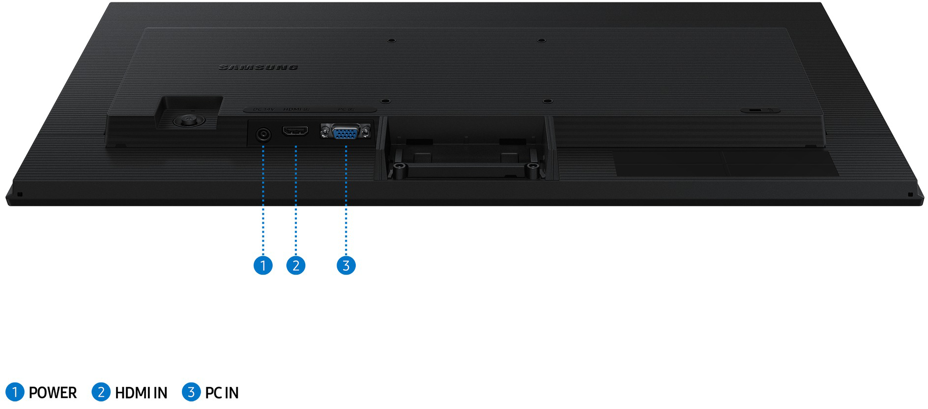 Fekete monitor hátulja táp, HDMI és VGA csatlakozókkal.