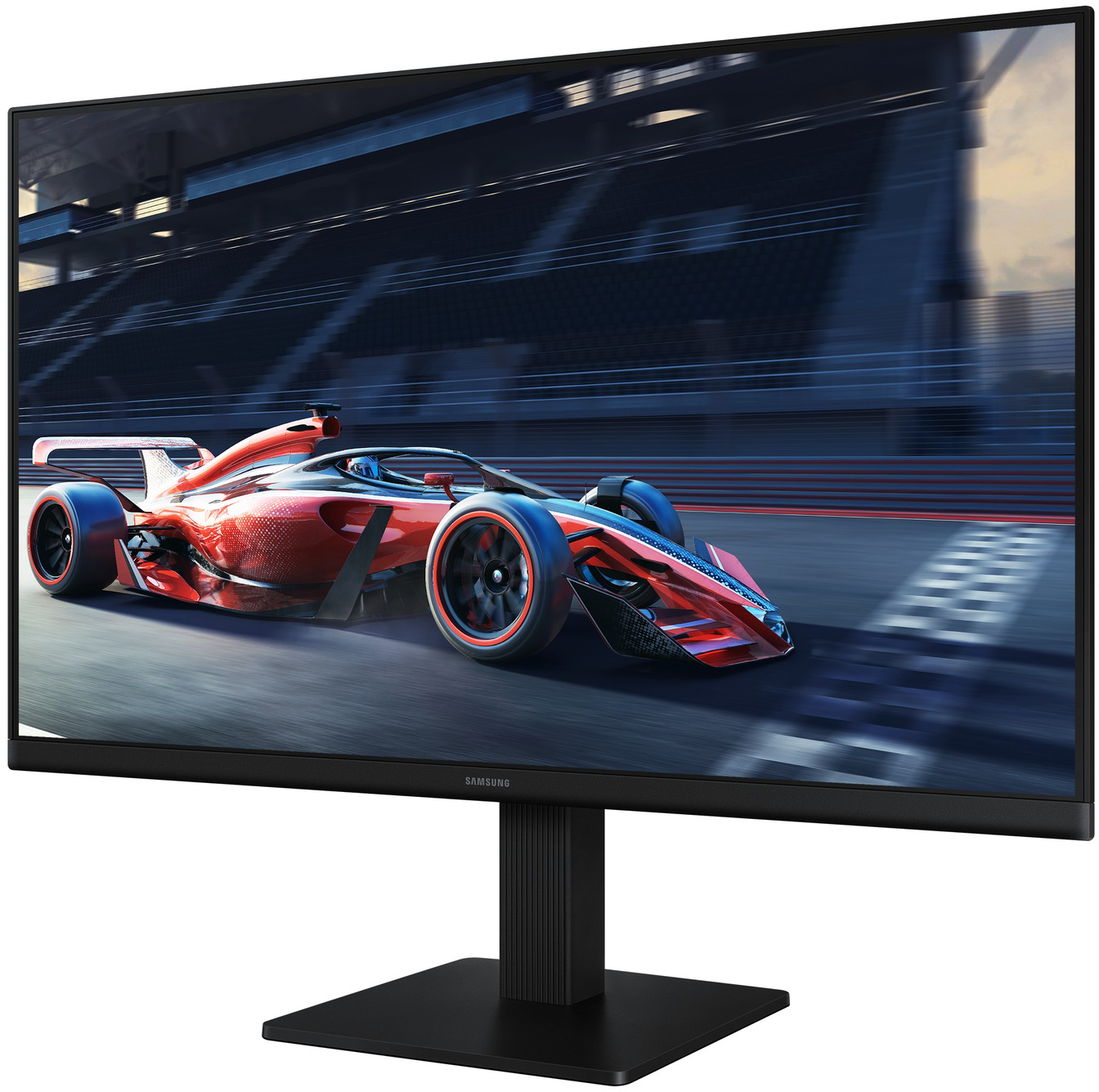 Egy piros F1-es versenyautó száguld stadion mellett.