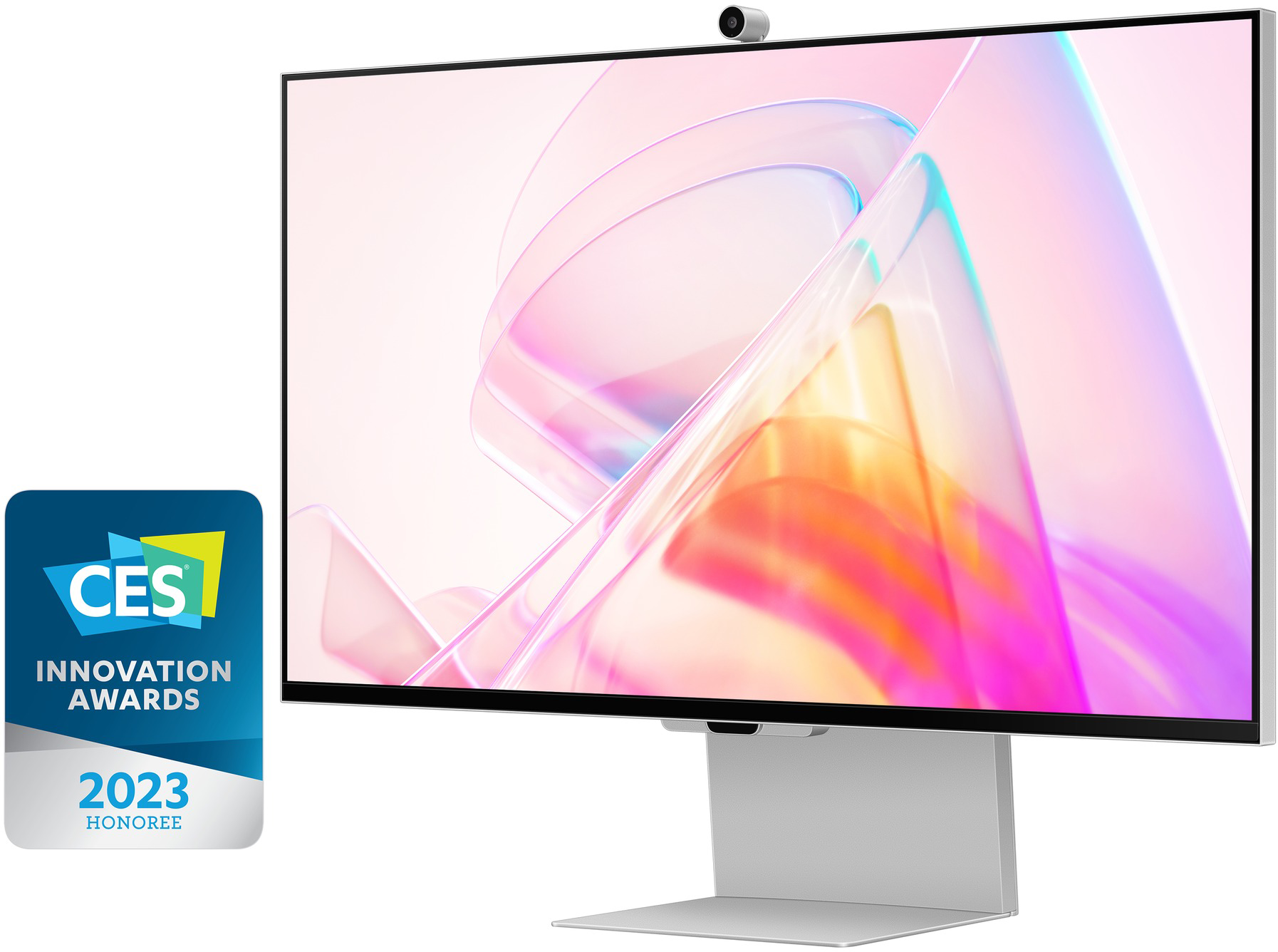 Egy modern monitor webkamerával a tetején és a CES 2023 Innovációs Díjak logójával.