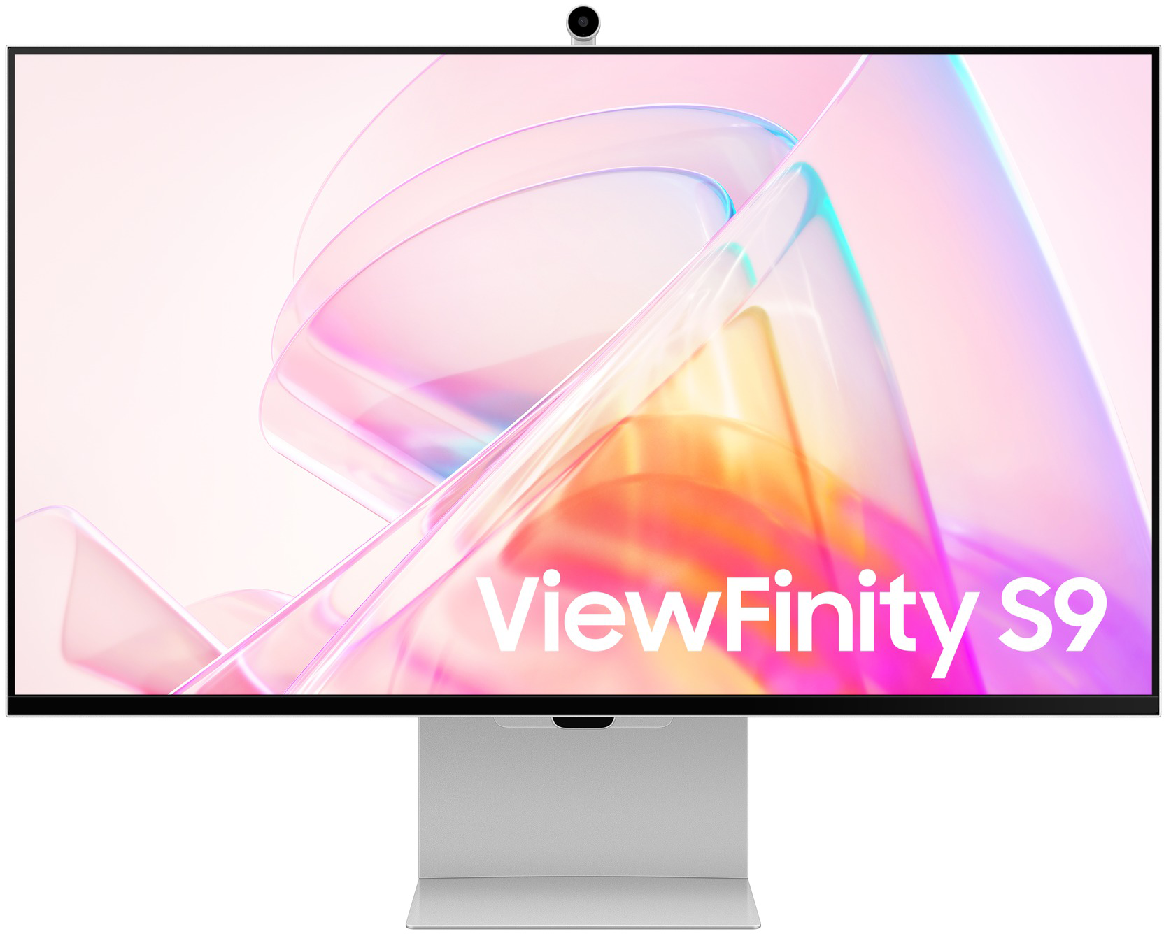 Egy ViewFinity S9 monitor színes, absztrakt háttérrel és ezüst állvánnyal.
