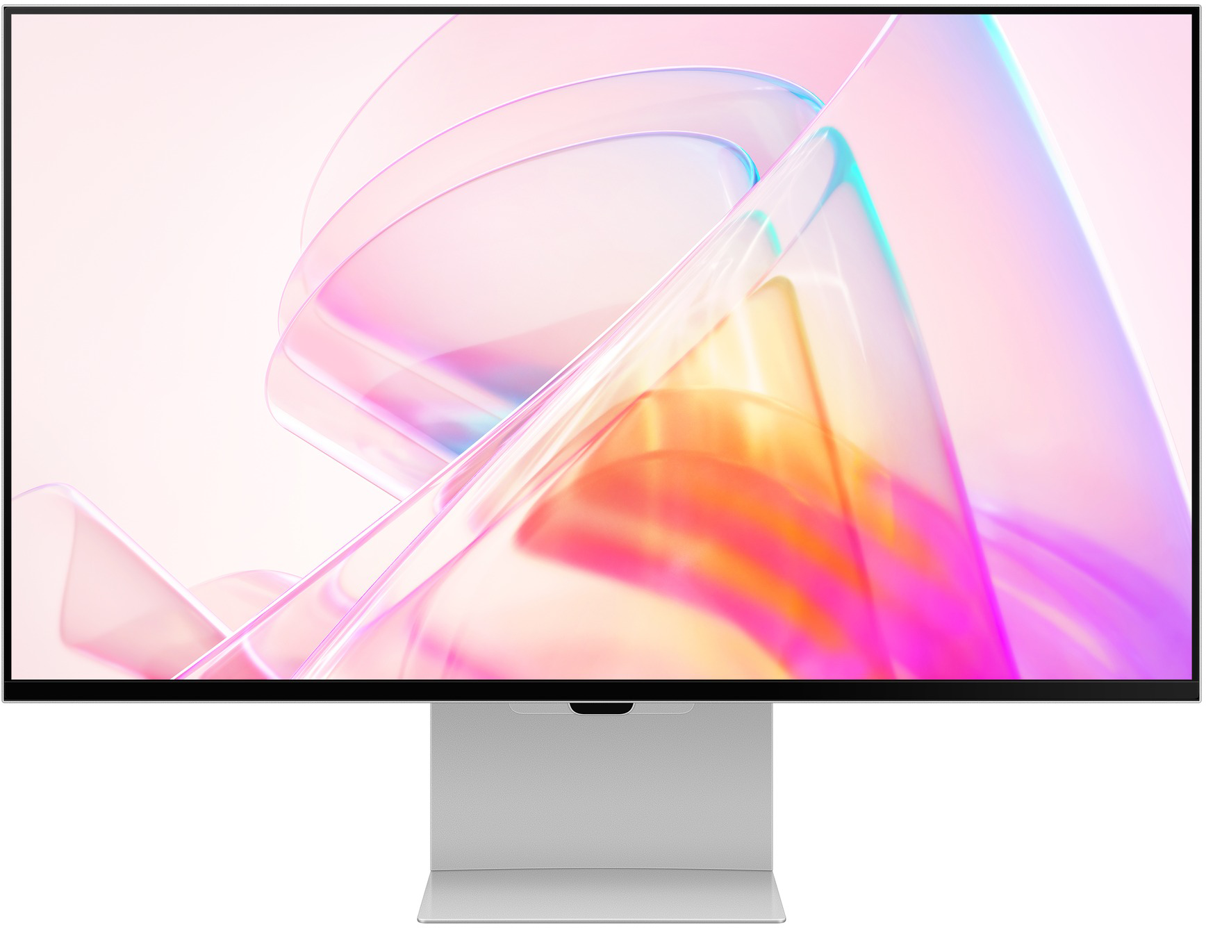 Egy modern monitor absztrakt, színes háttérrel, rózsaszín és sárga szalagokkal.
