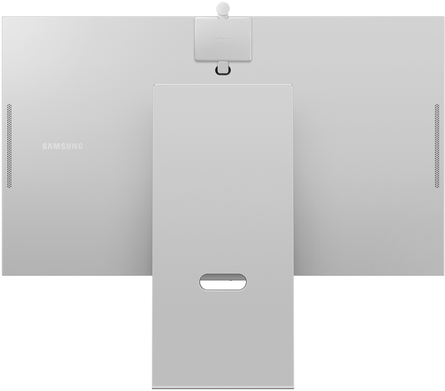 Ezüst Samsung monitor hátoldala állvánnyal és kamerával.