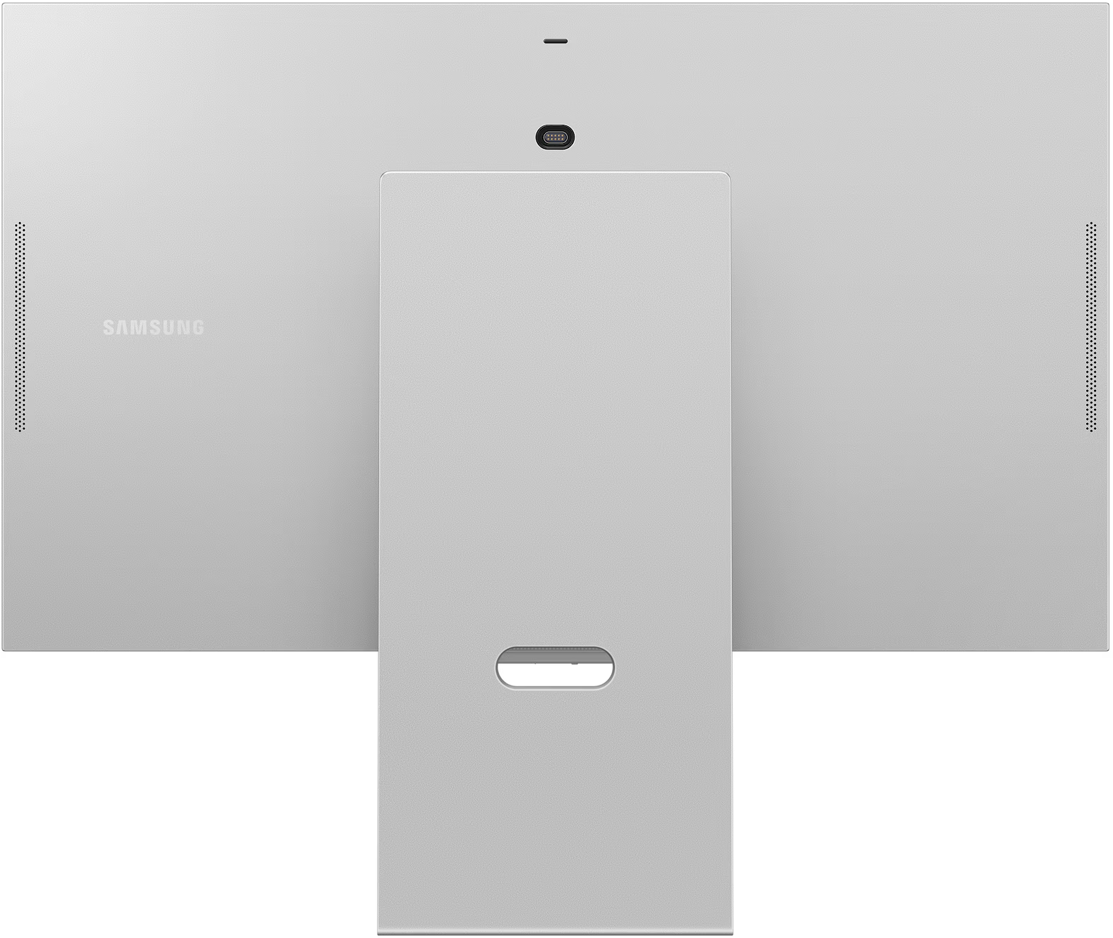 Ezüst monitor hátoldala Samsung logóval, USB-C porttal és hangszóróráccsal.