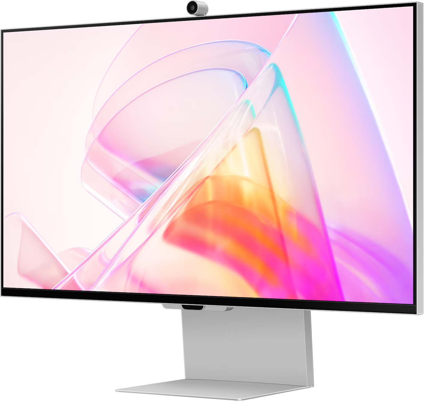 Egy modern all-in-one számítógép kamerával a tetején és absztrakt, színes grafikával a képernyőn.