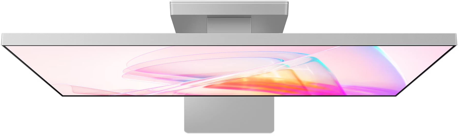 Ezüst színű all-in-one számítógép, képernyőjén absztrakt, színes grafikával.